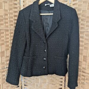 Vtg 90s Maggie Lawrence Black Tweed Wool Blend Blazer Jacket‎ Womens M Classic